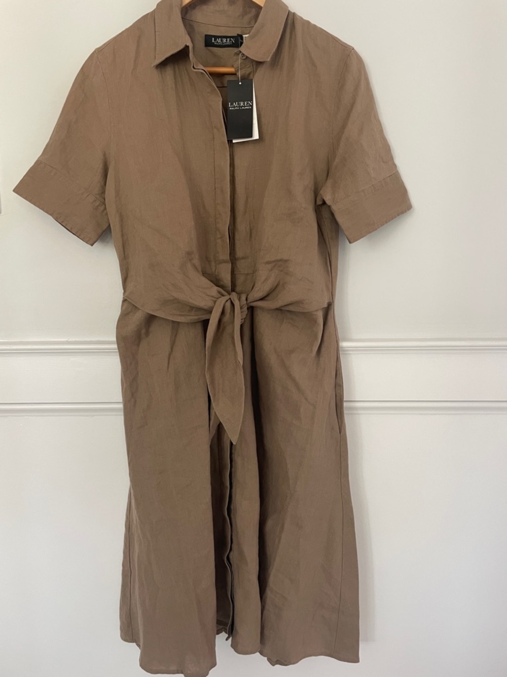 Ralph Lauren Linen Tie-Front Brown/Tan Shirt Dress - Picture 5 of 10